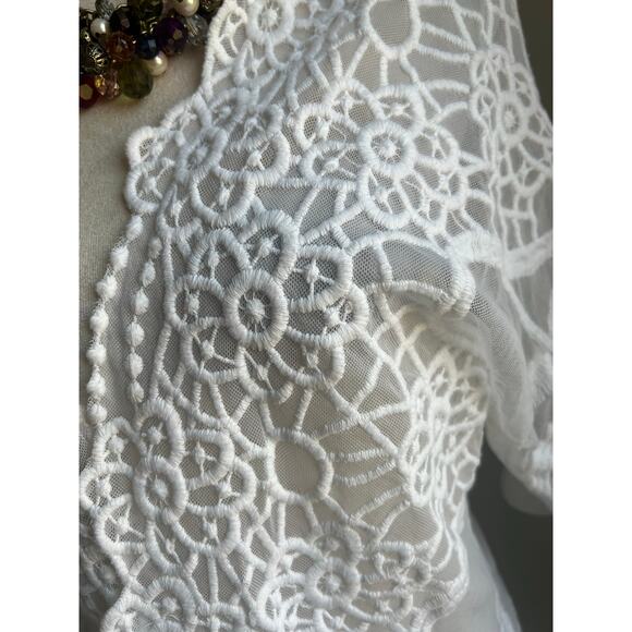 XCVI Embroidered White Floral Lace BOHO Peasant Cardigan Kimono Top Coverup Sz M - Picture 7 of 10